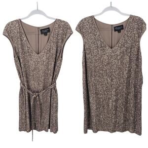 St John Couture Sequin Silk Evening Dress Gold Champagne Shift V Neck Belted 10